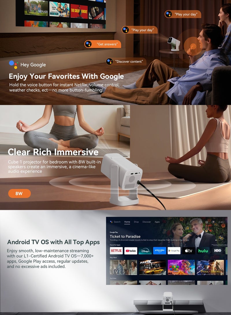 wanbo Cube 1 Smart LCD Projector – 200 ISO Lumens, Android TV 11.0 with Google Play & Widevine L1 DRM, Dual Band 2.4/5GHz WiFi & Bluetooth, Google Assistant Voice Control & Wireless Casting, Intelligent Adjustment with Auto Vertical Keystone & Electric Focus, 360° Gimbal Stand Protective Design, 1080P Supported Portable Home & Outdoor Cinema - Image 4