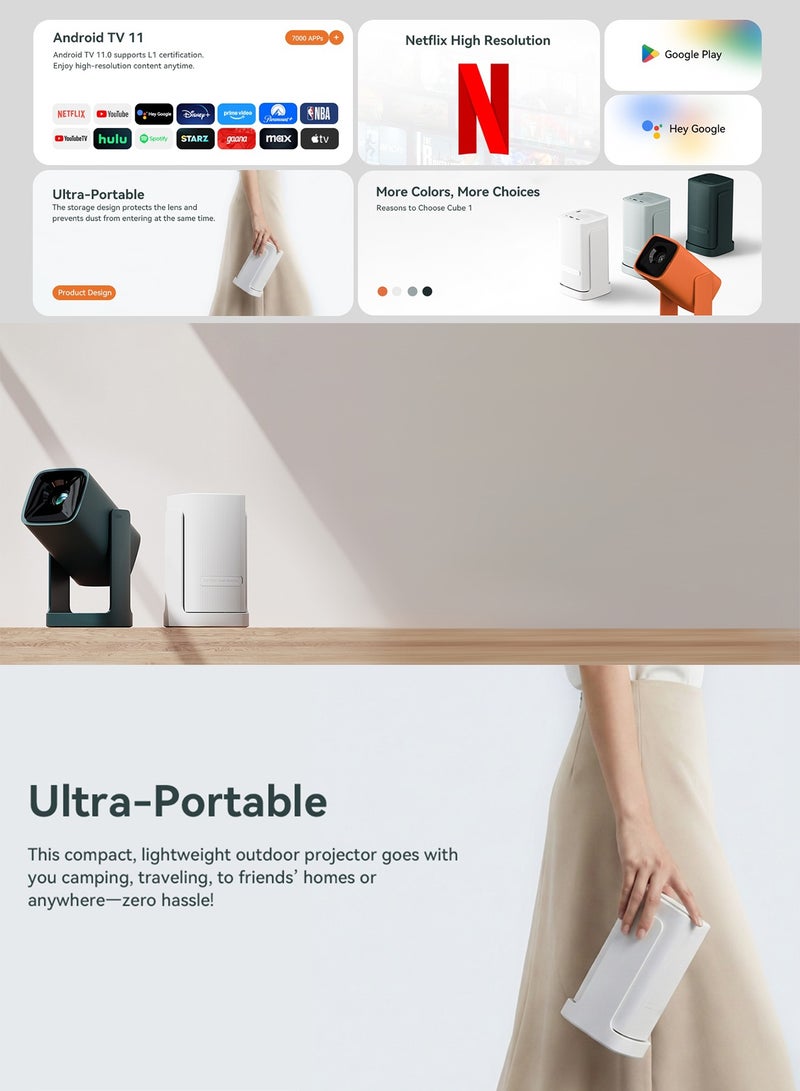 wanbo Cube 1 Smart LCD Projector – 200 ISO Lumens, Android TV 11.0 with Google Play & Widevine L1 DRM, Dual Band 2.4/5GHz WiFi & Bluetooth, Google Assistant Voice Control & Wireless Casting, Intelligent Adjustment with Auto Vertical Keystone & Electric Focus, 360° Gimbal Stand Protective Design, 1080P Supported Portable Home & Outdoor Cinema - Image 2