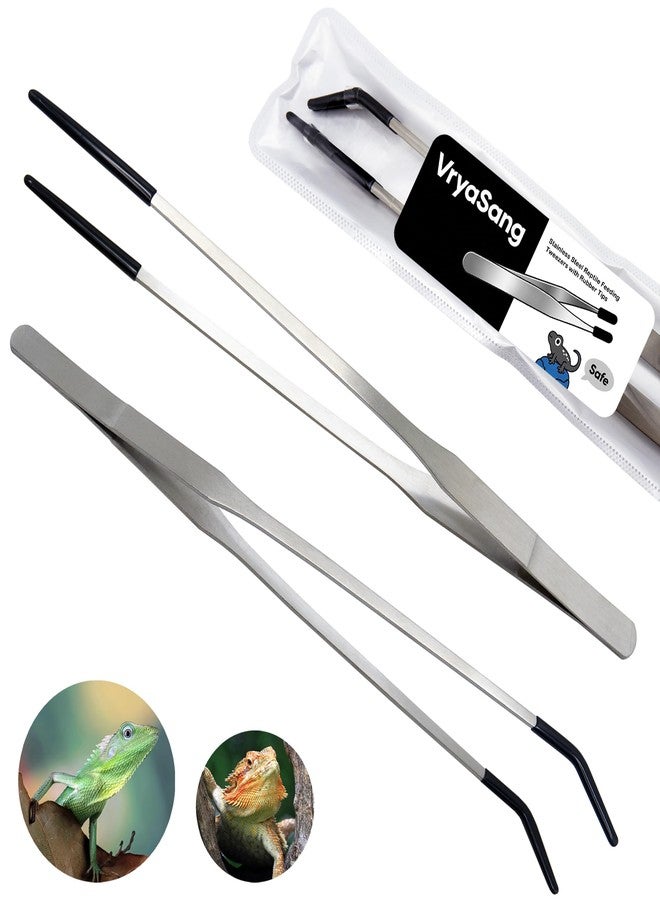 VryaSang VraySang 2 PCS 10.6" Stainless Steel Reptile Feeding Tongs with Rubber Tips, Straight & Curved Tweezers for Bearded Dragon Tank Accessories, Lizard Snake Enclosure, Aquarium Crafts- Terrarium Supplies - Image 1