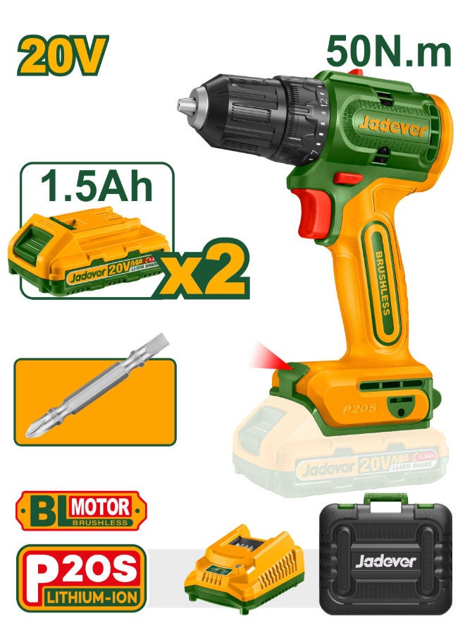 Jadever Brushless Cordless Drill 20V 50Nm 2 Battery Jdcdp552