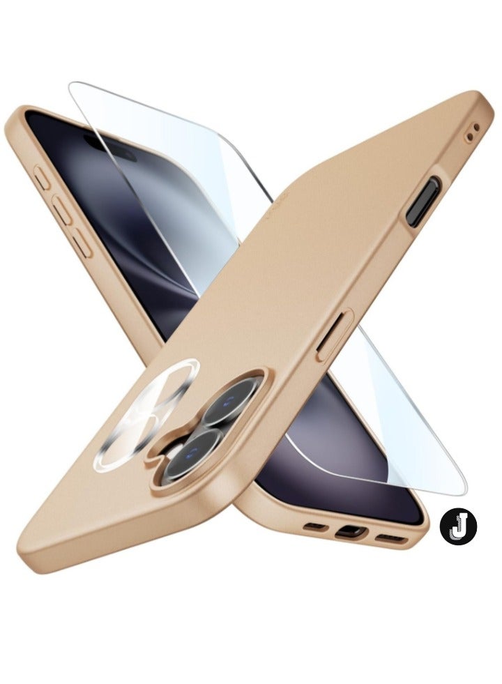 JAJEEK "iPhone 16 Gold Case – Ultra-Thin Matte Cover with Camera Lens and Screen Protectors, Light Soft Touch, Shockproof Design" - Image 1