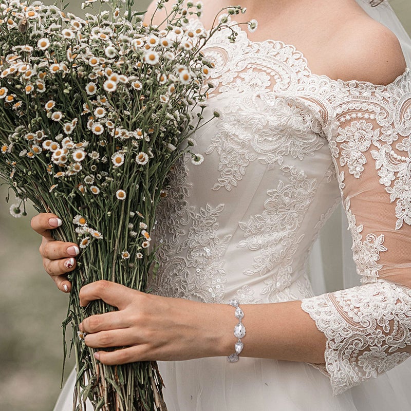 BriLove Wedding Bridal Bracelet for Women Shiny Bling Crystal Multi Teardrop for Party Prom Clear Silver-Tone - Image 2