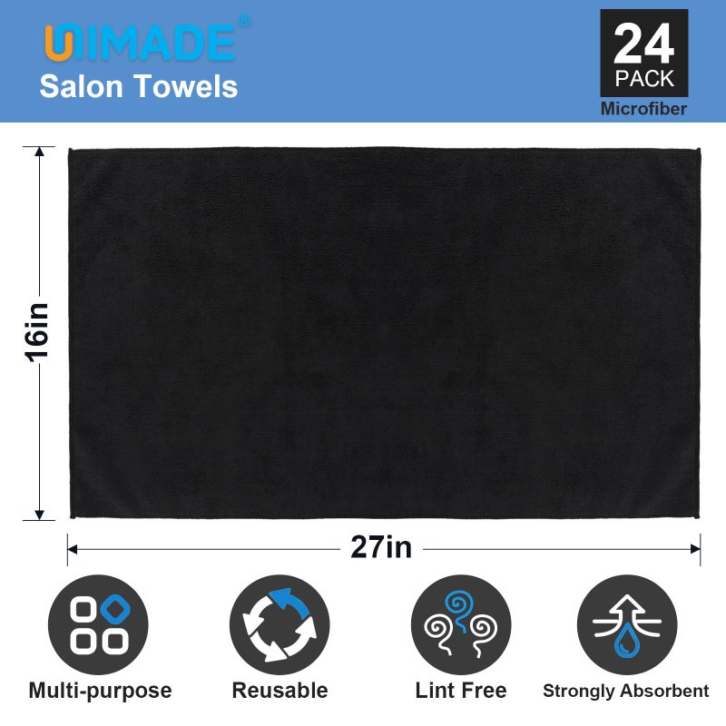 UNIMADE 24 Pack Salon Towels - Highly Absorbent and Quick Drying Hand Towels, Premium Wash Cloths for Bathroom, Gym, Shower, Hotel, and Spa - 16x27 inch (Black) - Image 2