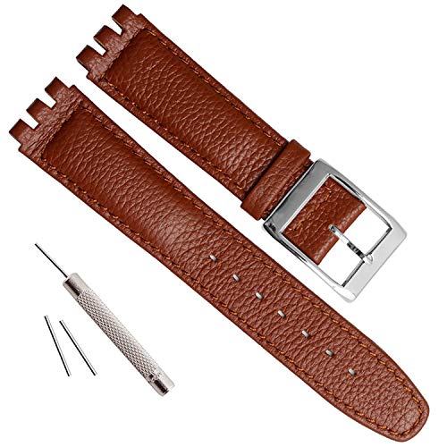 OliBoPo Alligator Grain Cow Leather Stainless Steel Buckle Watch Band Strap for Swatch (17mm, Brown Stitch/Brown) - Image 4
