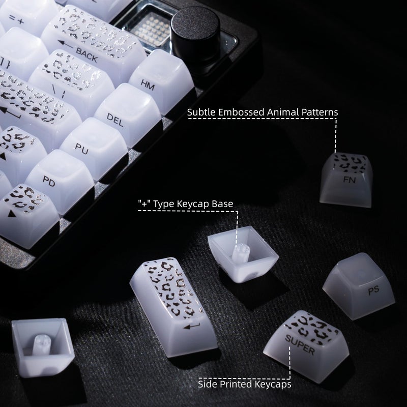 Womier Keyboard Keycaps Jelly, White Ceramic Keycaps Style, Leopard Print Key Cap,Transparent Side Printed Custom 60 65 75 100 Percent for Cherry MX,Gateron Mechanical Keyboards,MDA Profile - Image 3