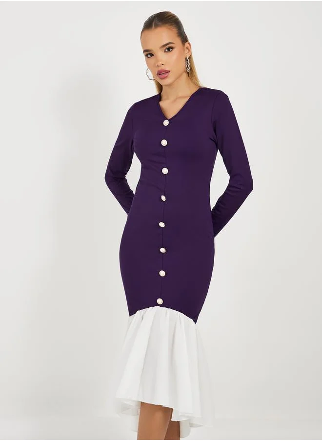 Styli Color Block Mermaid Hem Bodycon Midi Dress