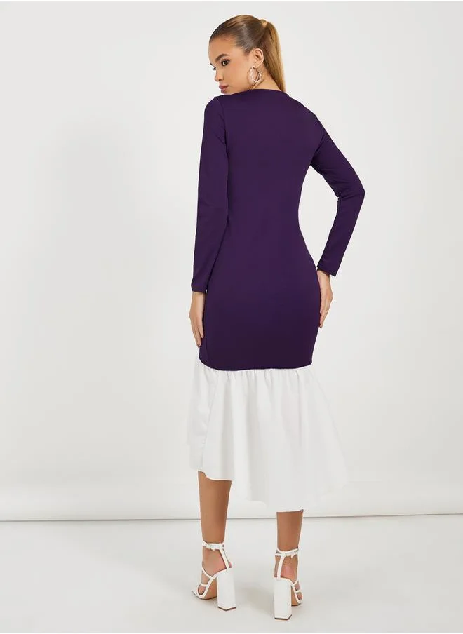 Styli Color Block Mermaid Hem Bodycon Midi Dress