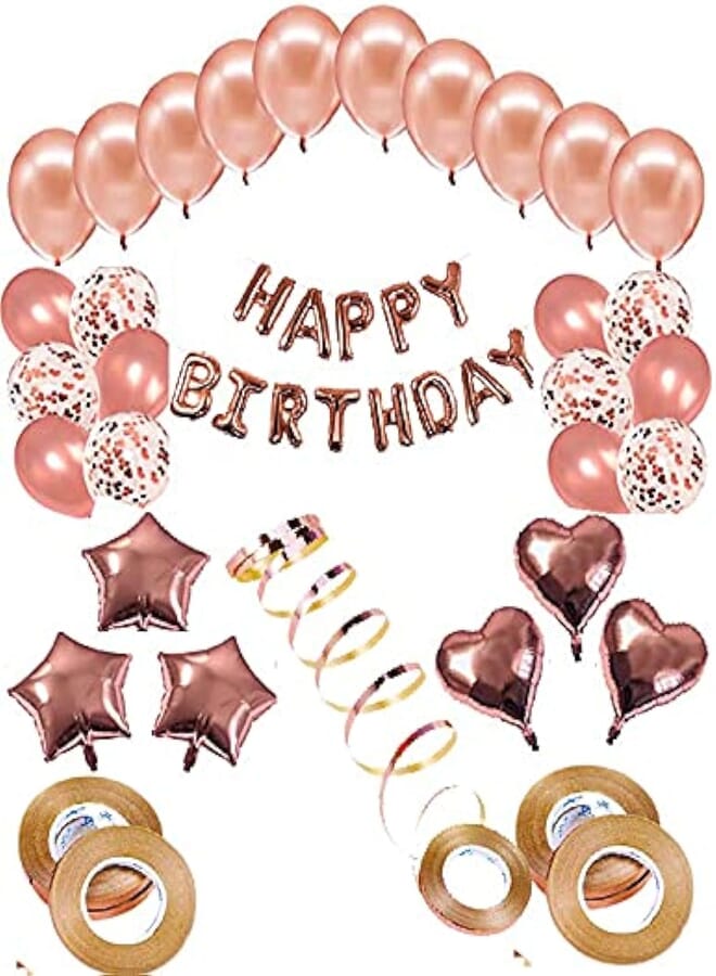 Bestpicks Reusable 73 Pieces Rose Gold Birthday Decoration Party Set with Happy Birthday Banner, Rose Gold Star Foil Balloons,Heart Foil Balloons,Rose Gold Latex Balloons,Rose Gold Confetti Balloons.