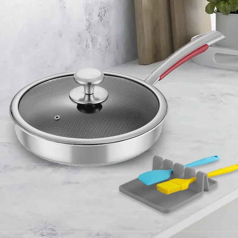 QUESERA Stainless steel Non - stick , Honeycomb Frying Pan with Glass lid and Silicone spoon rest-22cm