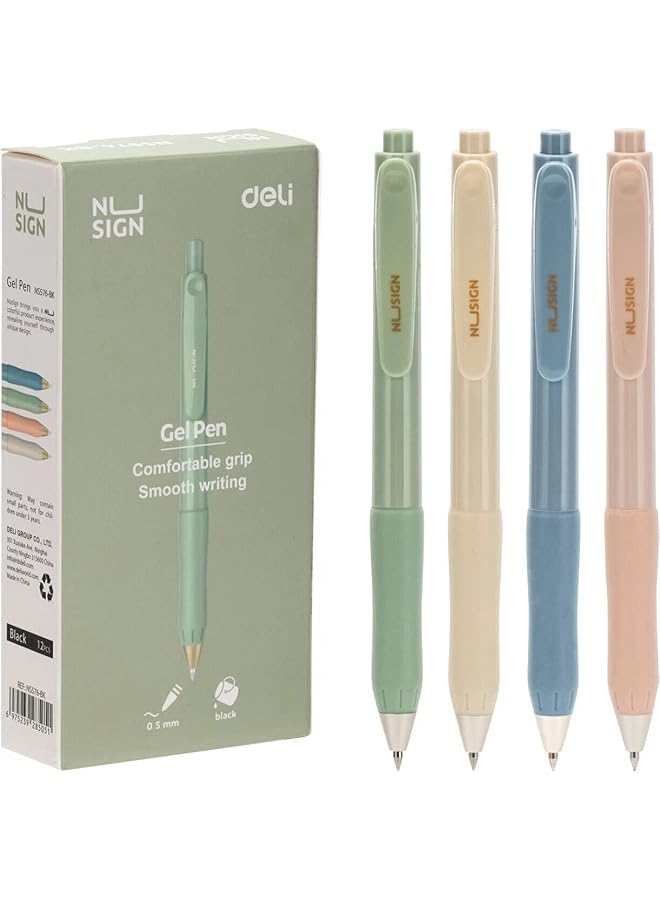Deli Comfort Grip Smooth Writing Nusign Pastel Gel Pen 12 Pieces Set 0.5 Mm Tip Size Black - Image 1