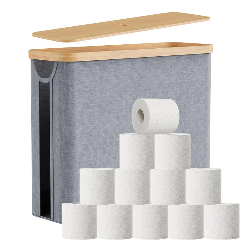 JOLLYIN Toilet Paper Storage Basket with Bamboo Lid, Toilet Paper Holder with Storage for up to 9-12 Rolls, Free Standing Bathroom Storage Organizers with Non-Slip Bottom, 1 Pack, Grey - Image 1