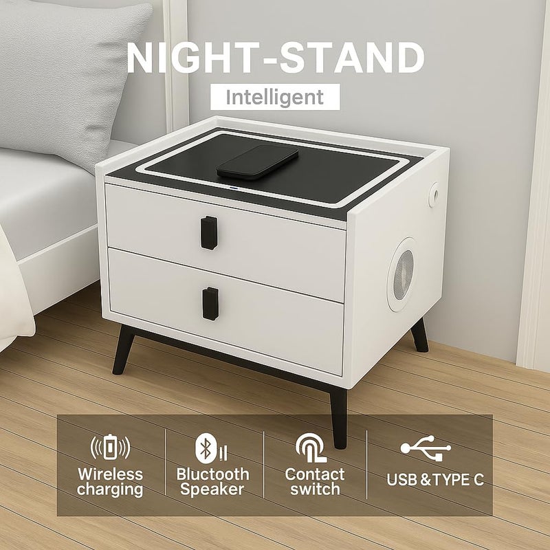 Harmony Homes طاولة جانبية ذكية من هارموني هومز مع شحن لاسلكي، منافذ USB ومكبر صوت بلوتوث – طاولة سرير حديثة مع 2 درج وإضاءة LED قابلة للتعديل – طاولة جانبية لغرفة النوم وغرفة المعيشة – بيضاء - Image 4
