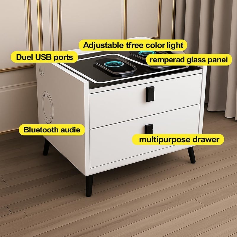 Harmony Homes طاولة جانبية ذكية من هارموني هومز مع شحن لاسلكي، منافذ USB ومكبر صوت بلوتوث – طاولة سرير حديثة مع 2 درج وإضاءة LED قابلة للتعديل – طاولة جانبية لغرفة النوم وغرفة المعيشة – بيضاء - Image 3