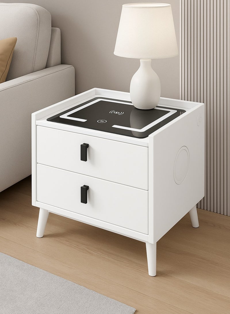 Harmony Homes طاولة جانبية ذكية من هارموني هومز مع شحن لاسلكي، منافذ USB ومكبر صوت بلوتوث – طاولة سرير حديثة مع 2 درج وإضاءة LED قابلة للتعديل – طاولة جانبية لغرفة النوم وغرفة المعيشة – بيضاء - Image 1