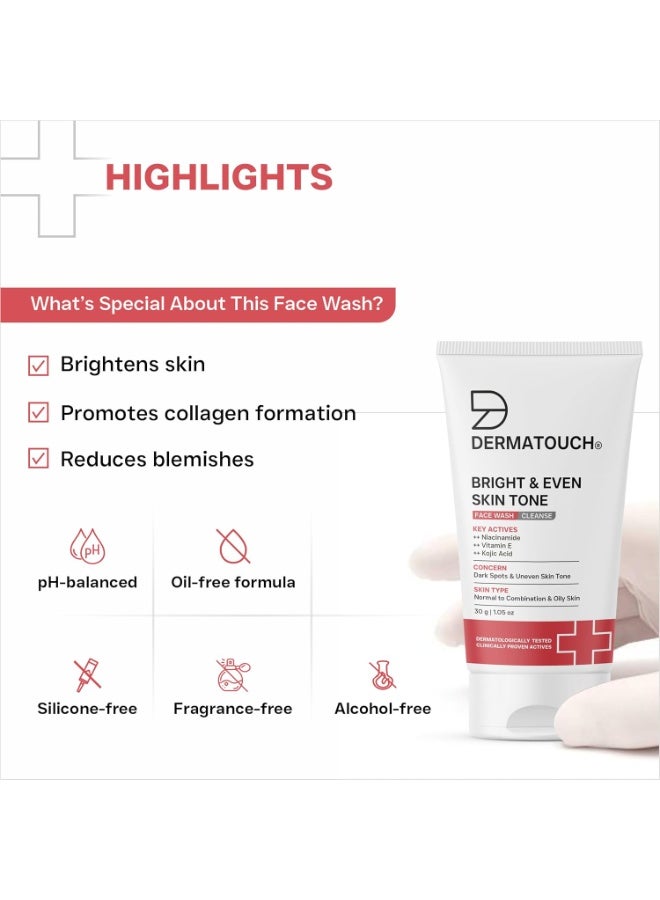 DERMATOUCH Bright & Even Tone Face Wash with Niacinamide, Vitamin E and Kojic Acid | Daily Gentle Face Cleanser For Tan, Pigmentation, Uneven Tone - 30G - Image 5