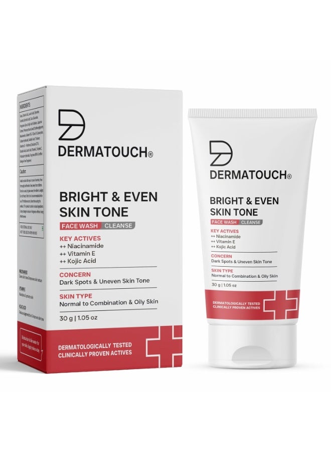DERMATOUCH Bright & Even Tone Face Wash with Niacinamide, Vitamin E and Kojic Acid | Daily Gentle Face Cleanser For Tan, Pigmentation, Uneven Tone - 30G - Image 1