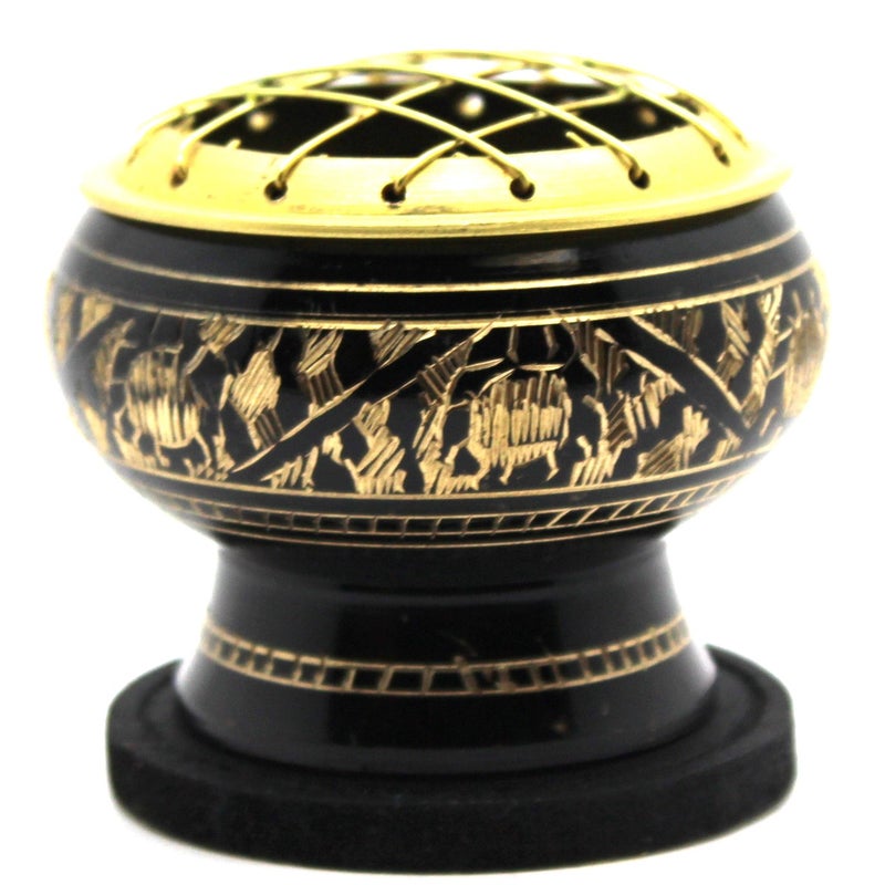 Govinda Govinda  Small Decorated Brass Charcoal Screen Incense Burner with Wooden Coaster