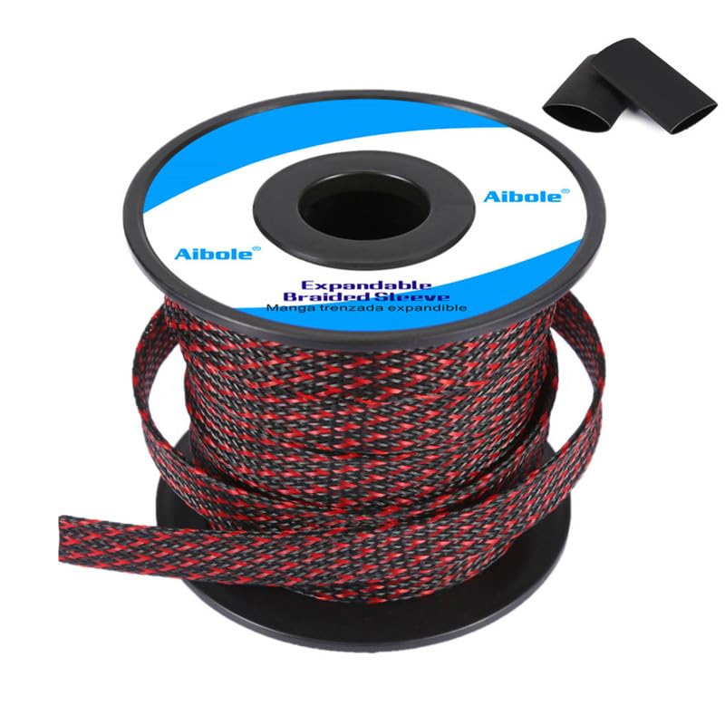 Aibole 100Ft-3/8inch PET Expandable Braided Wire Sleeving,Wire Loom Cable Sleeve for TV,Computer,Home Theater,Automotive,Home Industrial,Electrical Wires,Chemical,Protect Cat from Chewing Cords,BlackRed - Image 1