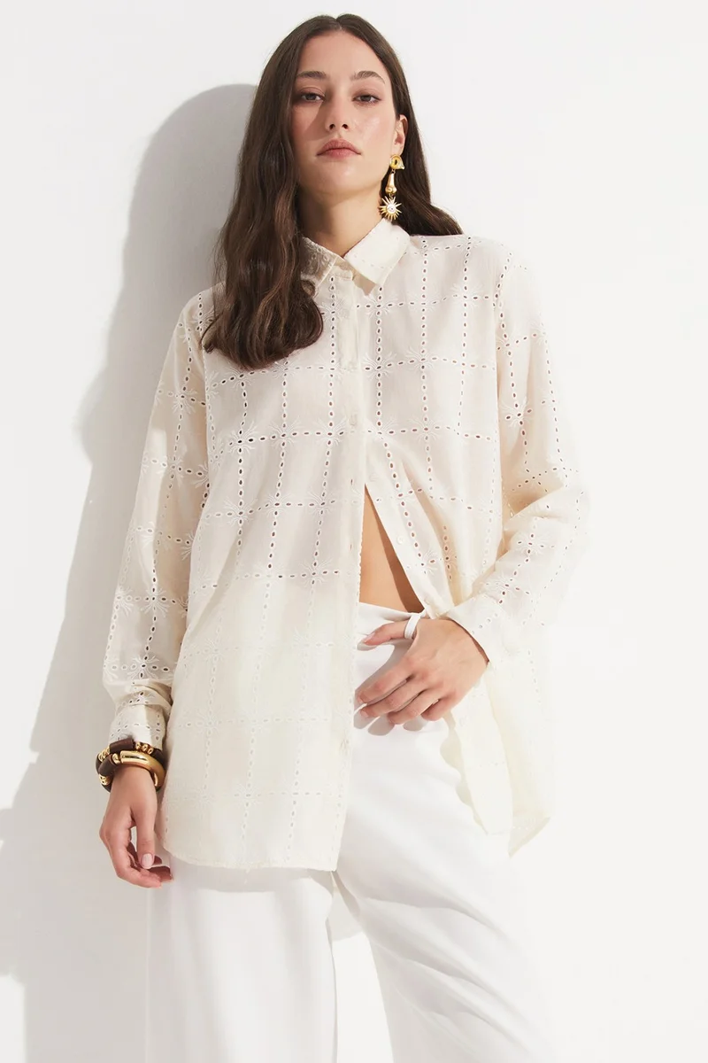 JUNE Women's Exclusive Oversize/loose Cut 100% Cotton Embroidered Shirt