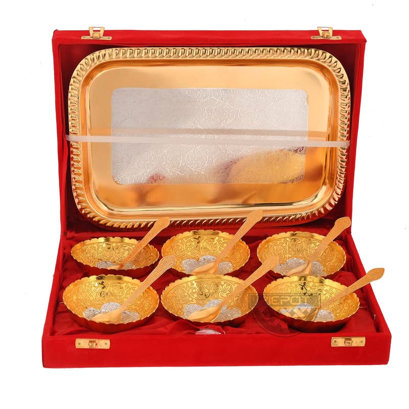 Piepot German Silver Traditional Bowl Set of 13 Pc | Gold-Silver Plated | 6 Bowl, 6 Spoons, 1 Tray & Red Velvet Box | Decorative Bowl and Spoon Set | Ideal for Diwali, Wedding & Corporate Gifting - Image 1