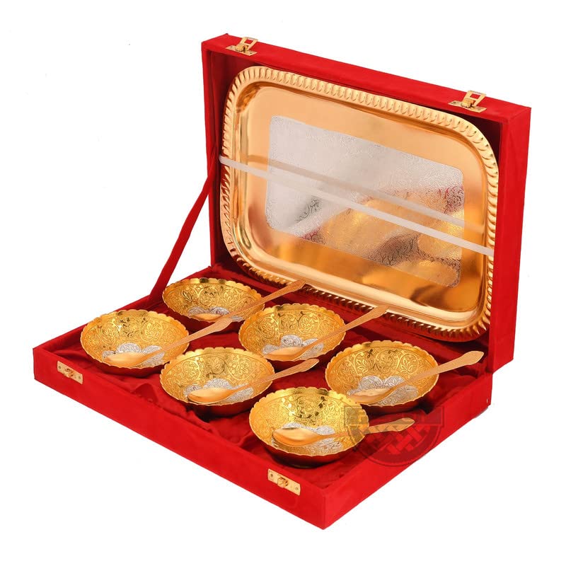 Piepot German Silver Traditional Bowl Set of 13 Pc | Gold-Silver Plated | 6 Bowl, 6 Spoons, 1 Tray & Red Velvet Box | Decorative Bowl and Spoon Set | Ideal for Diwali, Wedding & Corporate Gifting - Image 3