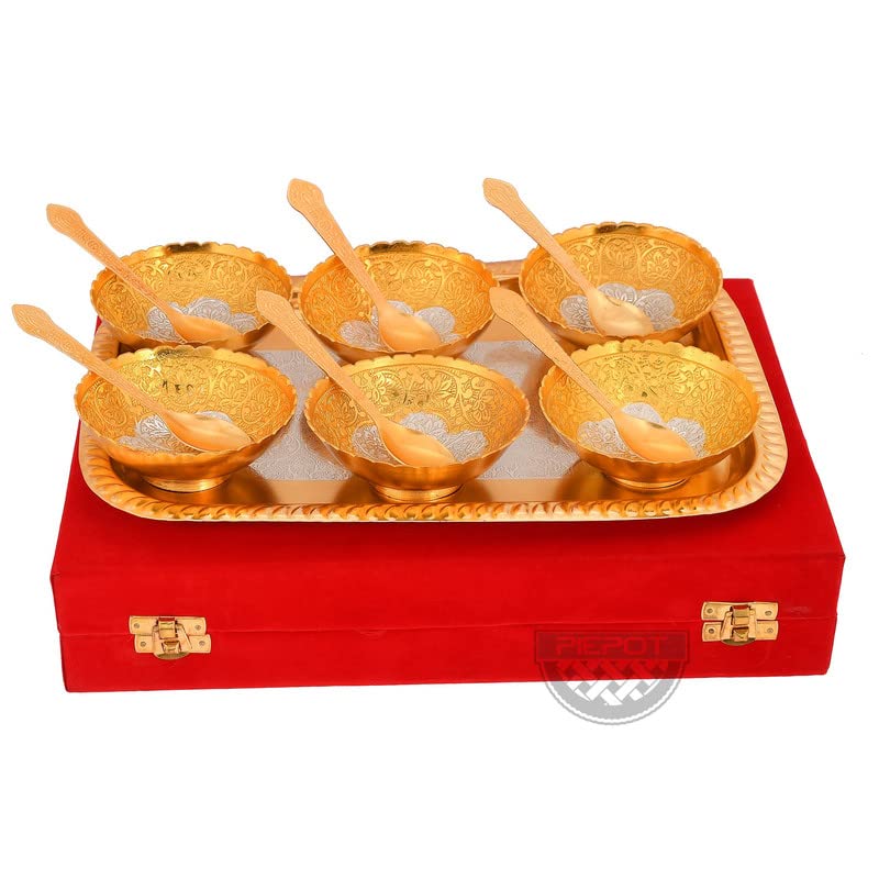 Piepot German Silver Traditional Bowl Set of 13 Pc | Gold-Silver Plated | 6 Bowl, 6 Spoons, 1 Tray & Red Velvet Box | Decorative Bowl and Spoon Set | Ideal for Diwali, Wedding & Corporate Gifting - Image 4