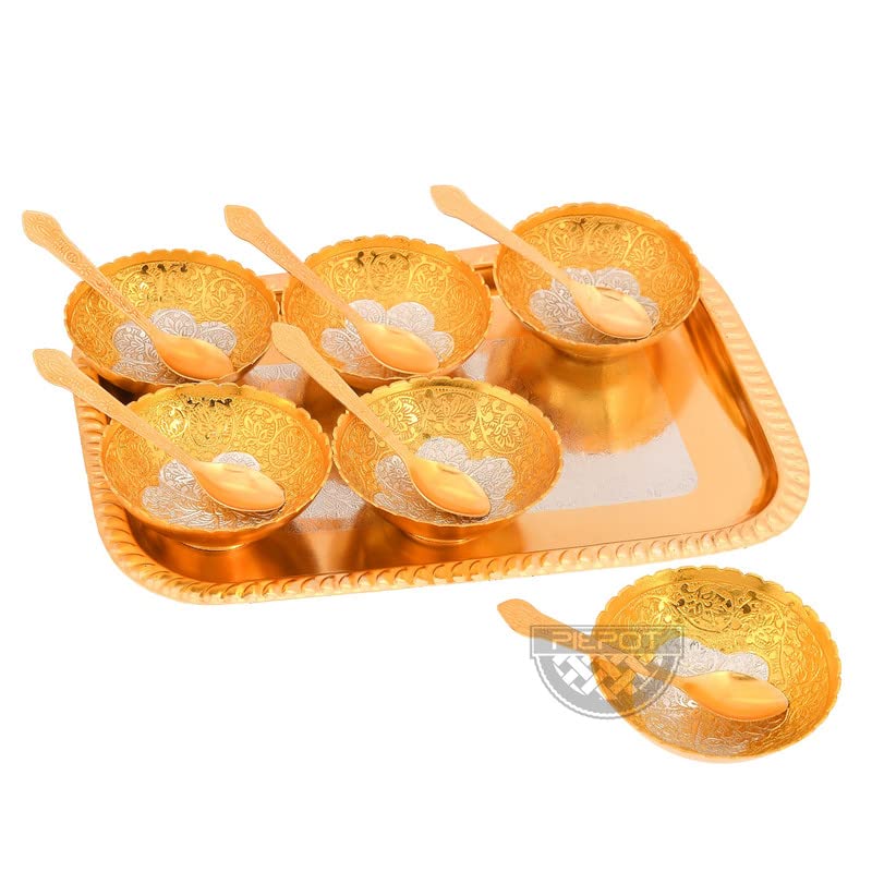 Piepot German Silver Traditional Bowl Set of 13 Pc | Gold-Silver Plated | 6 Bowl, 6 Spoons, 1 Tray & Red Velvet Box | Decorative Bowl and Spoon Set | Ideal for Diwali, Wedding & Corporate Gifting - Image 5