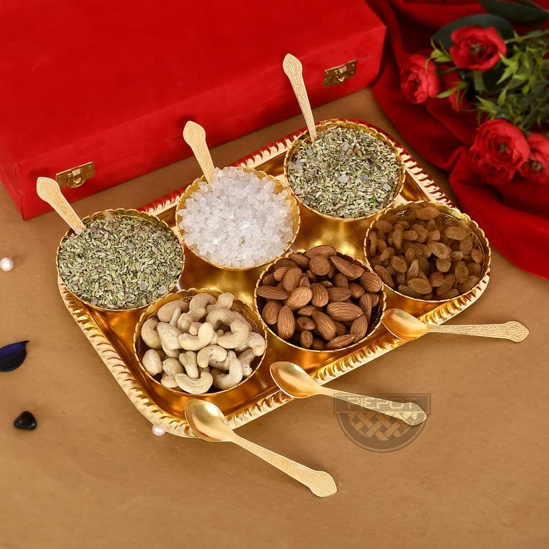 Piepot German Silver Traditional Bowl Set of 13 Pc | Gold-Silver Plated | 6 Bowl, 6 Spoons, 1 Tray & Red Velvet Box | Decorative Bowl and Spoon Set | Ideal for Diwali, Wedding & Corporate Gifting - Image 2