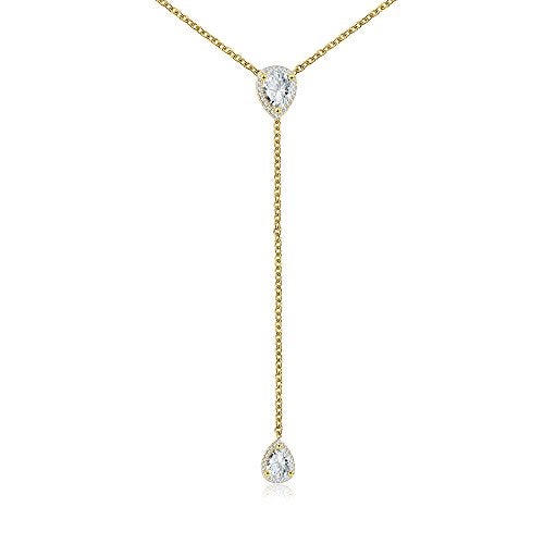 espere CZ Pear Drop Lariat Necklace 16" with 2.75" Y Drop Adjustable, 14K Yellow Gold Finish - Image 1