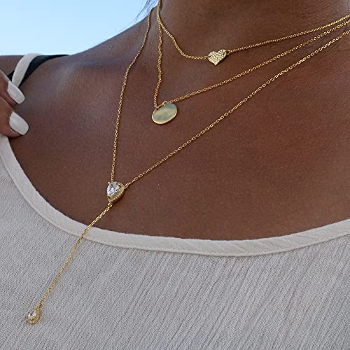 espere CZ Pear Drop Lariat Necklace 16" with 2.75" Y Drop Adjustable, 14K Yellow Gold Finish - Image 4