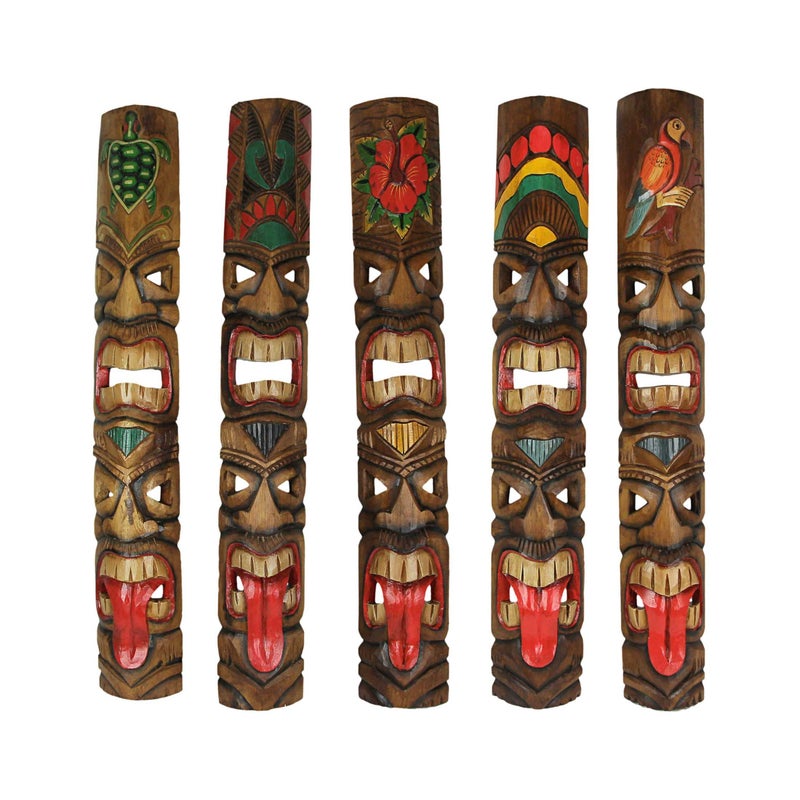 Zeckos Set of 5 Exquisite HandCarved Double Tiki Mask Totem Wall Sculptures 40 Inches Tall Crafted from Sustainable Wood Vibrant Tropical Artistry for Indoors and Outdoors