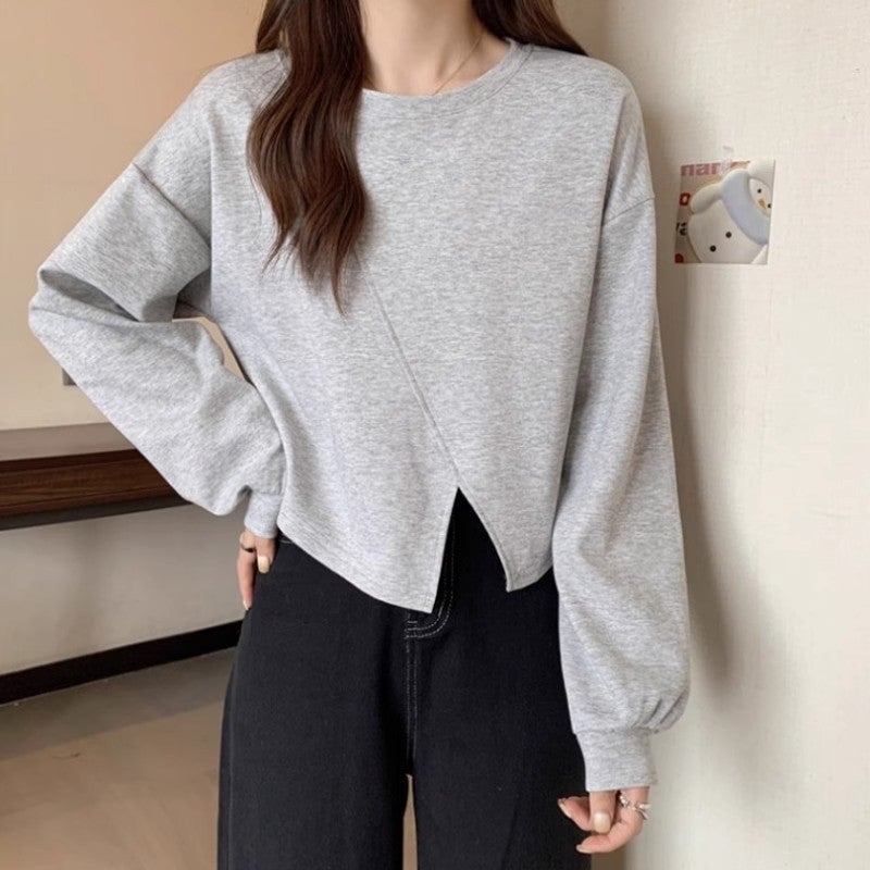 Petite Irregular Hem Cropped Hoodie Spring Thin Top Gray, good quality, no pilling