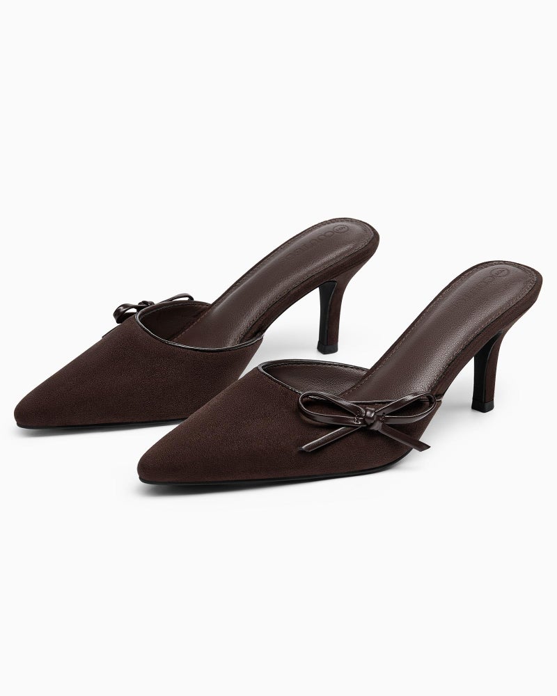 Coutgo Womens Kitten Heels Bow Tie Mules Two Tone Closed Pointed Toe Slip On Backless Wedding Dress Shoes Pumps, Chocolate, Size 8 - Image 5