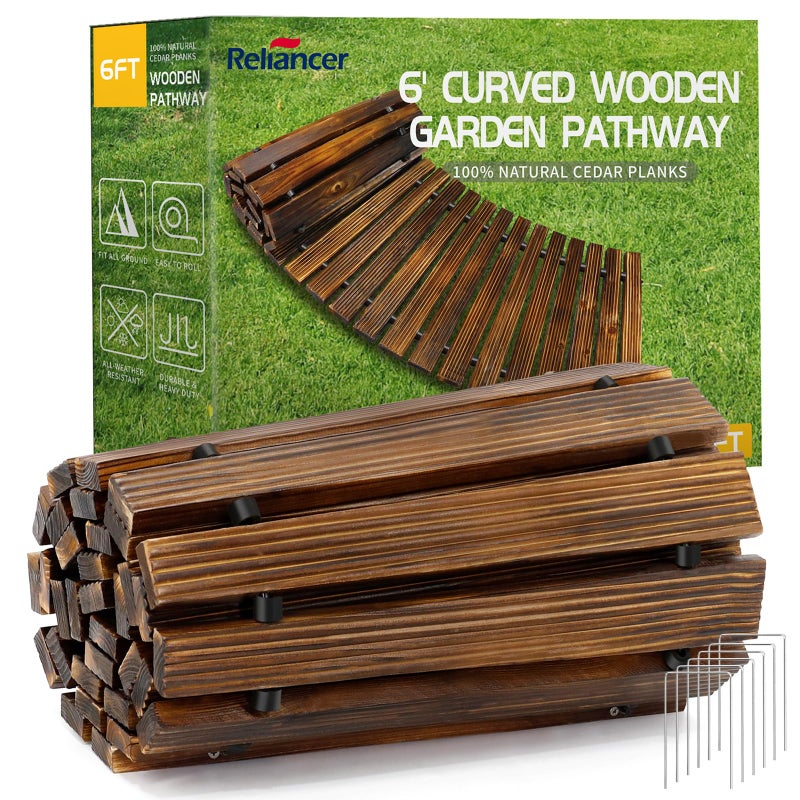 RELIANCER 6' Wooden Garden Pathway,Outdoor Roll Out Cedar Curved Walkway,Patio Path Decorative Garden Boardwalk Walkways,Weather-Resistant Roll Up Beach Wood Road Floor,Wedding Party Pathways - Image 1