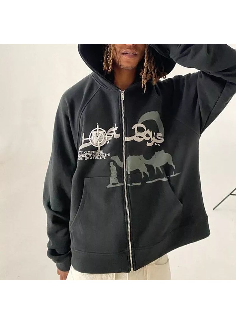 Generic - New Hiphop Green Zip Hoodie Men Urban Harajuku Anime Print Long Sleeve Short zip black 1 fleece - Image 1