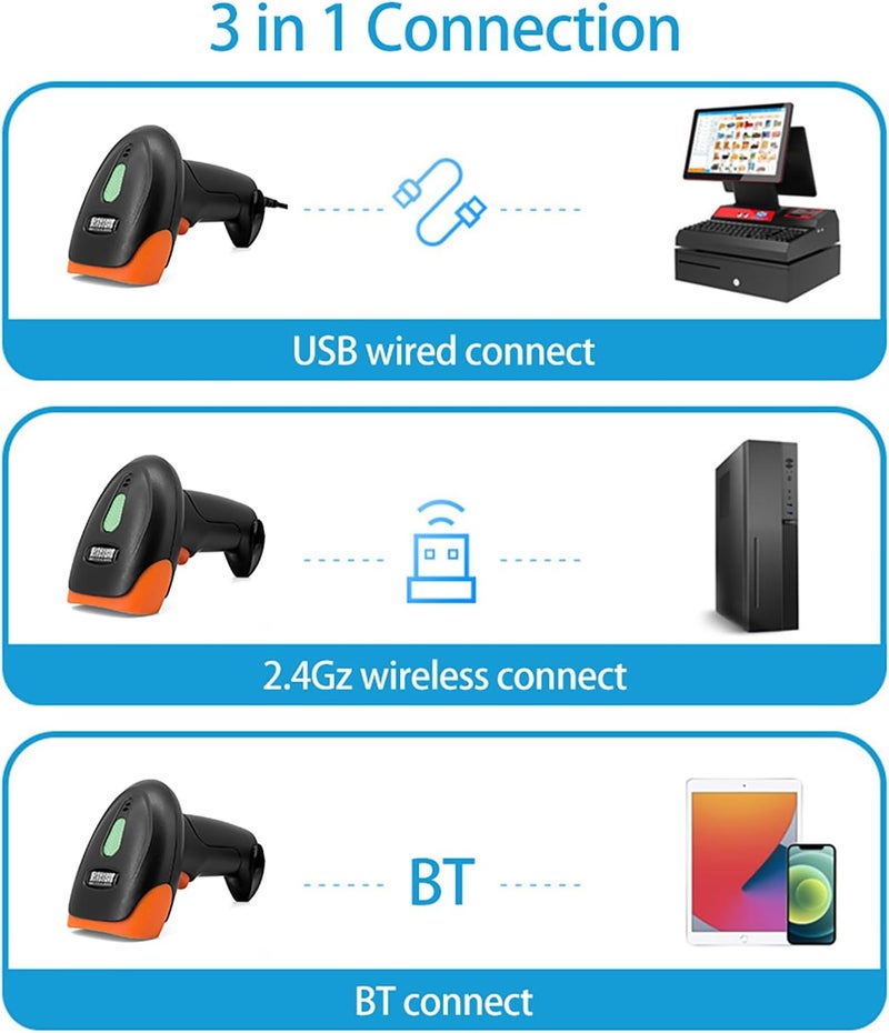 FTVOGUE 2D Barcode Scanner USB Wired Handheld QR Code Reader CMOS Image Sensor Support Paper Screen Code Manual Continuous Scanning for Supermarket POS Inventory Warehouse (USB & 2.4G & BT Connect) - Image 5