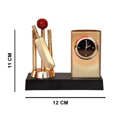 Saugat Traders Metal Cricket Pen Stand with Table Clock Showpiece and Cricket Keychain Corporate Gifts For Clients - New Year Gift, Birthday Gift For Men & Boys, Cricketer, Lover, Student, Pen Holder - Image 2
