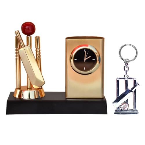 Saugat Traders Metal Cricket Pen Stand with Table Clock Showpiece and Cricket Keychain Corporate Gifts For Clients - New Year Gift, Birthday Gift For Men & Boys, Cricketer, Lover, Student, Pen Holder - Image 1