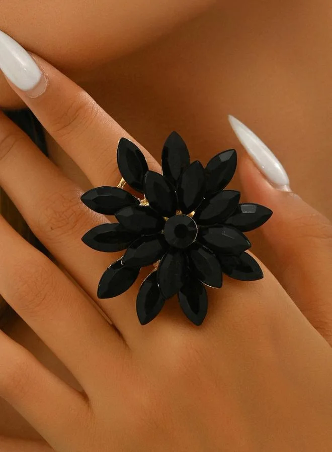 Take Two Take Two Black Flower Statement Ring