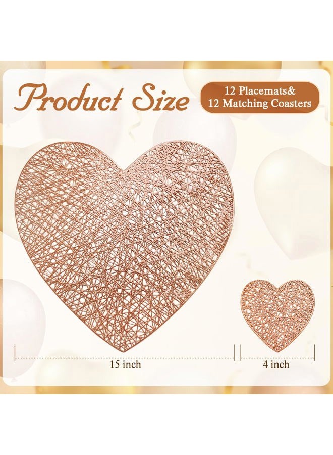 Kidum 12Sets Rose Gold Valentines Day Placemats Heart, Placemats and Matching Coaster Valentines Day Decorations Metallic Pressed Vinyl Table Mat for Wedding Romantic Night Anniversary Party (Rose Gold) - Image 2