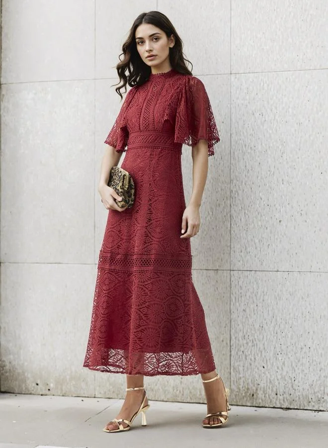 2Xtremz Lace Accent 2Xtremz A-line Midi Polyester Dress with Flutter Sleeves