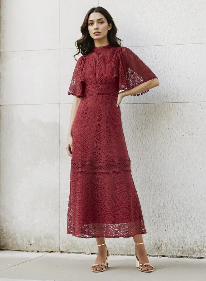 2Xtremz Lace Accent 2Xtremz A-line Midi Polyester Dress with Flutter Sleeves