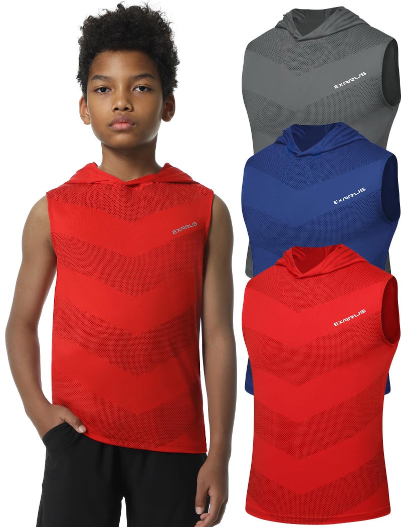 EXARUS 3 Pack Boys Athletic Sleeveless Tank Workout Running Quick Dry Tank Tops with Hooded for Kids 12Y