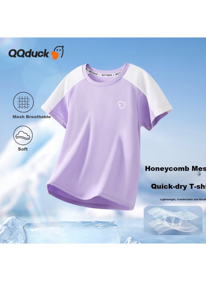 Qq Duck Boys' Quick-Dry T-Shirt, Girls' Short-Sleeve Summer Training Wear, Sports Clothing, Heart-Shaped White-Gray Purple; 130 - Image 1