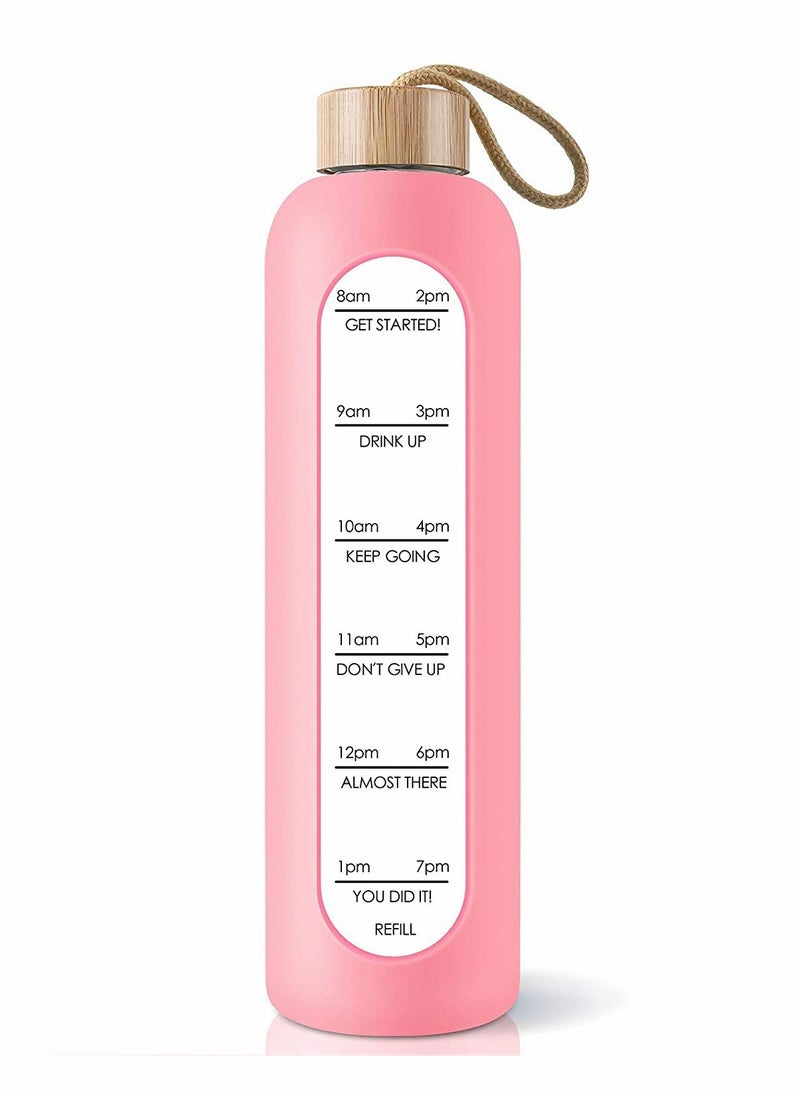Excefore 32 Oz Borosilicate Glass Water Bottle with Time Marker Reminder Quotes Leak Proof Reusable BPA Free Motivational Water Bottle with Silicone Sleeve and Bamboo Lid Pink  - Image 1