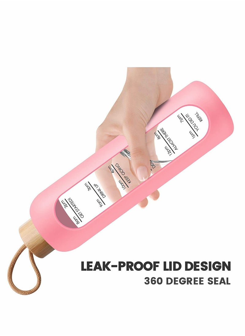 Excefore 32 Oz Borosilicate Glass Water Bottle with Time Marker Reminder Quotes Leak Proof Reusable BPA Free Motivational Water Bottle with Silicone Sleeve and Bamboo Lid Pink  - Image 4