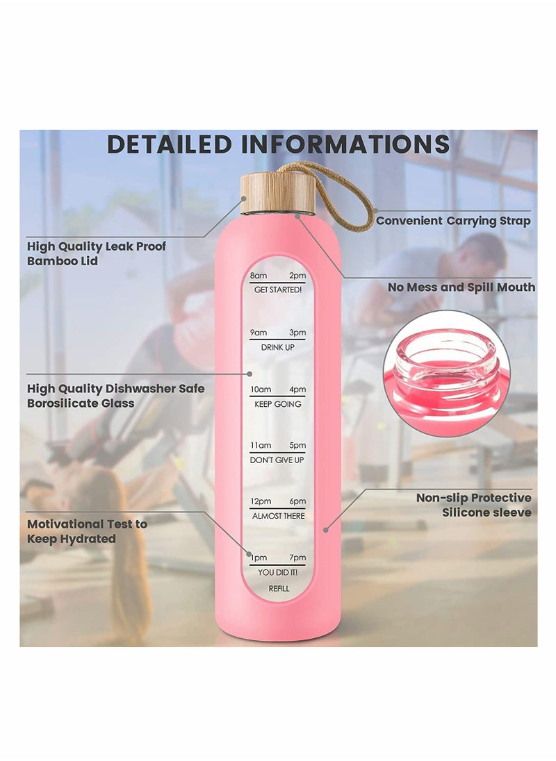 Excefore 32 Oz Borosilicate Glass Water Bottle with Time Marker Reminder Quotes Leak Proof Reusable BPA Free Motivational Water Bottle with Silicone Sleeve and Bamboo Lid Pink  - Image 3