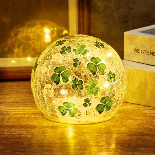 TTQ [Timer] 1 Pcs St Patricks Day Decoration,3.93'' Lighted Decorative Glass Ball,Shamrock Crackle Globe Night Light,Decorative Balls Glass Orb Table Lamp for Home Table Centerpieces Decor Gift - Image 1