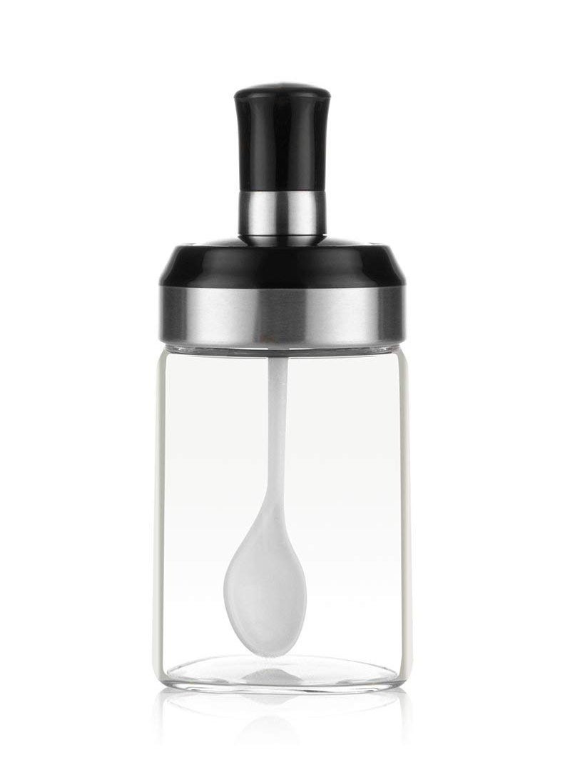 KASTWAVE Sauce Jar Sugar Container Glass Jar Combination Spoon with Lid Canisters Storing Seasoning Spices Salt Sugar for Kitchen Counter Food Storage with Decorative Sticker 9.7oz / 280ml  - Image 1