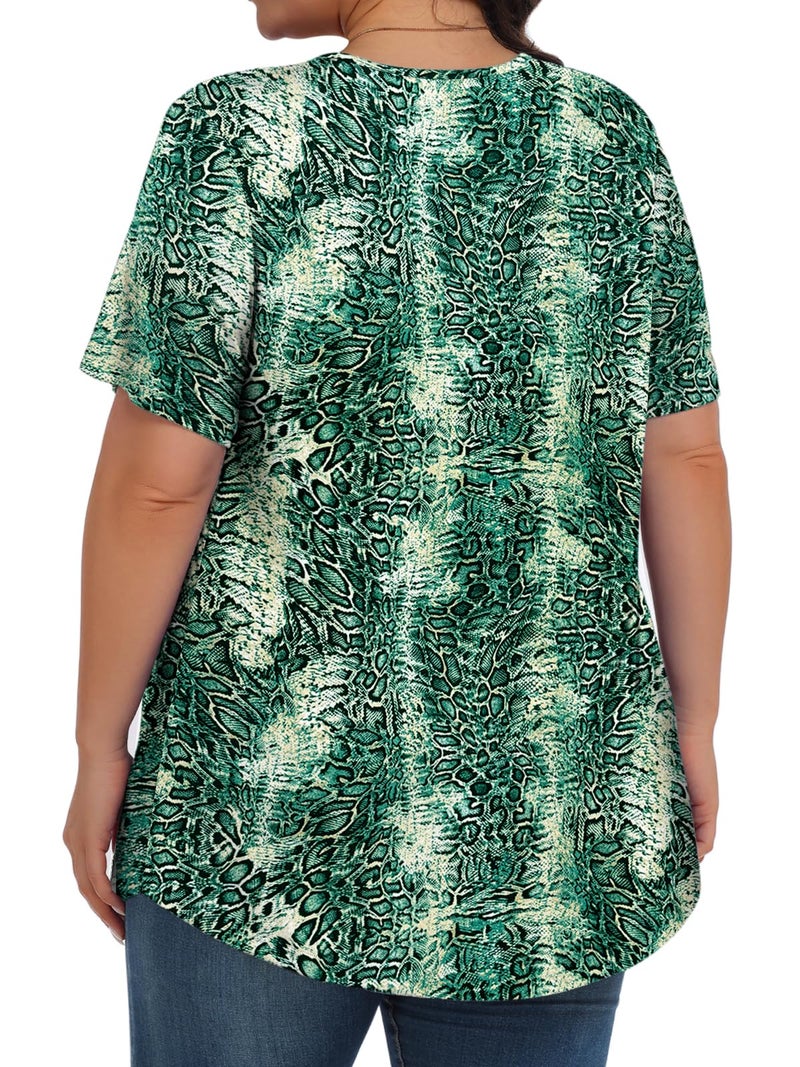 Tencede Womens Plus Size Tops Tunic Short Sleeve Crew Neck Shirts Casual Soft Blouse Green Yellow Snake Skin 3X - Image 4